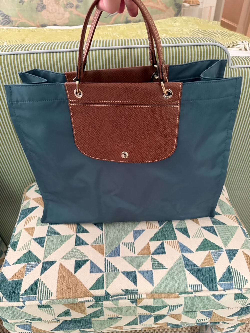 Longchamp Teal Tote with Brown Trim and Handles